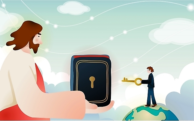 EPS 주간 구름 캐릭터 남자 기독교 지구 일러스트 열쇠 사람 야외 두명 성경 예수 성자 종교캐릭터 남자만 일러캐릭터 자연요소 종교 종교용품 신_종교 파일형식 벡터