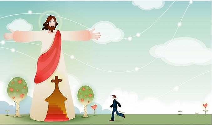 EPS 주간 나무 구름 남자 기독교 십자가 일러스트 사람 야외 두명 교회 계단 하트 예수 구출 성자 남자만 국내일러스트 자연요소 모양 식물 종교 종교건축 건물 도움 신_종교 파일형식 벡터