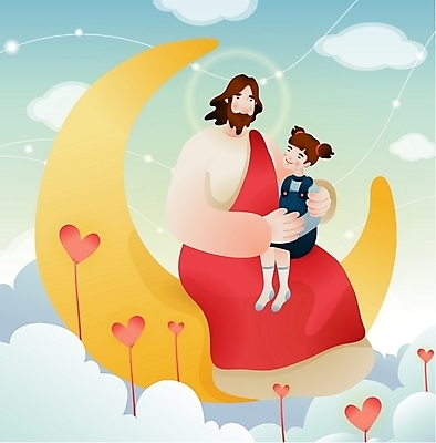 EPS 주간 구름 캐릭터 여자 남자 기독교 어린이 일러스트 사랑 사람 소녀 야외 두명 달 하트 예수 성자 초승달 종교캐릭터 일러캐릭터 자연요소 모양 감정 종교 신_종교 파일형식 벡터