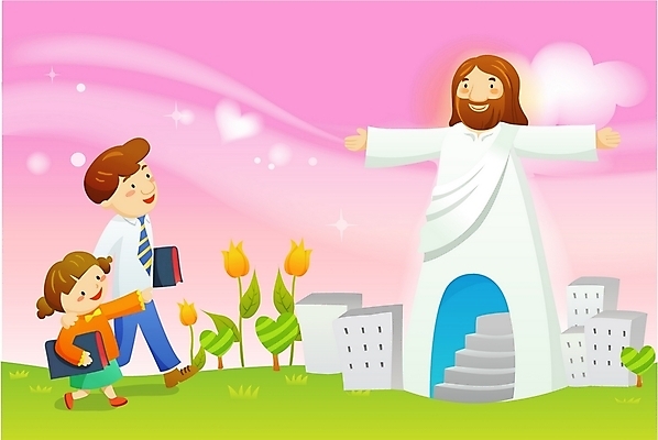 EPS 여자 남자 기독교 길 어린이 일러스트 하늘 사람 소녀 야외 건물 세명 성경 예수 성자 국내일러스트 건축물 종교 종교용품 신_종교 파일형식 벡터