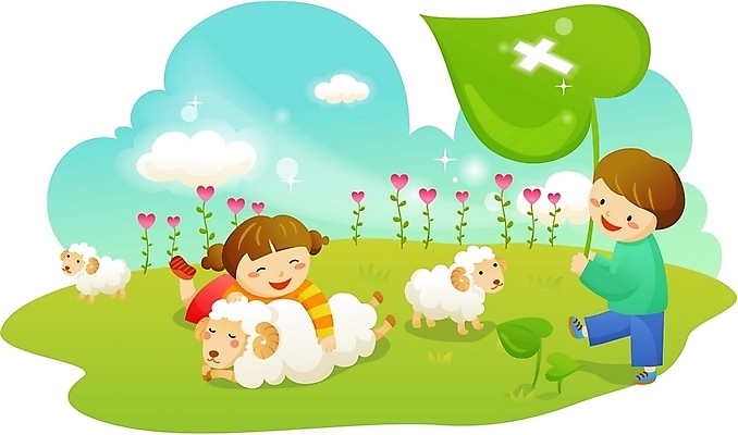 EPS 주간 구름 여자 남자 꽃 기독교 어린이 십자가 일러스트 하늘 나뭇잎 사람 소녀 소년 초원 야외 두명 하트 양 성자 양떼 어린이만 국내일러스트 자연요소 모양 식물 종교 잎 포유류 파일형식 벡터