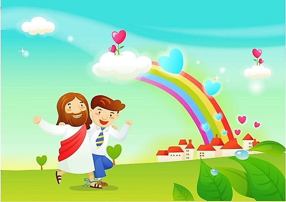 EPS 주간 구름 남자 기독교 무지개 일러스트 하늘 어깨동무 나뭇잎 주택 사람 초원 야외 두명 마을 예수 성자 동행 남자만 국내일러스트 자연요소 종교 포즈 잎 건물 신_종교 파일형식 벡터