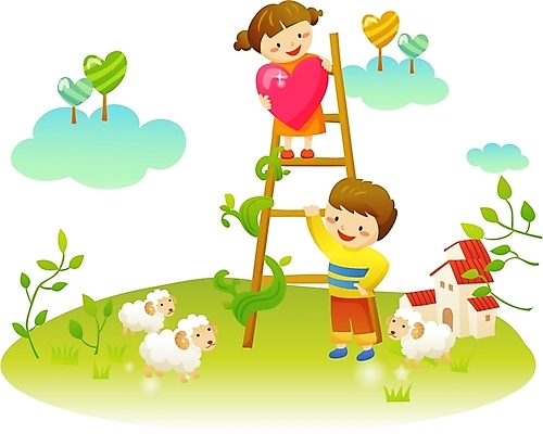 EPS 구름 여자 남자 기독교 어린이 일러스트 사다리 주택 사랑 사람 소녀 소년 야외 두명 하트 양 성자 어린이만 국내일러스트 자연요소 모양 감정 종교 포유류 건물 도구 파일형식 벡터