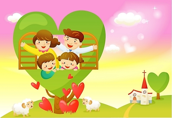 EPS 나무 여자 남자 기독교 어린이 일러스트 가정 가족 하늘 엄마 사랑 사람 소녀 소년 여러명 야외 교회 자녀 하트 양 아빠 성자 국내일러스트 모양 식물 감정 종교 다수 포유류 관계 종교건축 건물 파일형식 벡터