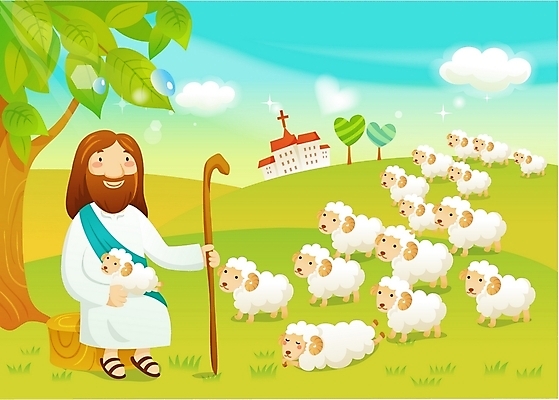 EPS 주간 나무 남자 기독교 종교 새끼 일러스트 지팡이 하늘 한명 사람 초원 20대 성인 야외 교회 양 예수 성자 성직자 양떼 남자만 남자한명만 성인남자만 청년만 청년남자만 청년남자한명만 성인한명만 성인남자한명만 성인만 국내일러스트 자연요소 식물 동물 1 포유류 종교건축 청년 건물 신_종교 파일형식 벡터