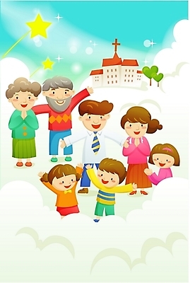 EPS 구름 여자 할아버지 남자 별 기독교 종교 할머니 어린이 일러스트 가족 엄마 대가족 사람 소녀 소년 여러명 교회 자녀 아빠 성자 천국 국내일러스트 자연요소 노년 다수 관계 종교건축 건물 파일형식 벡터