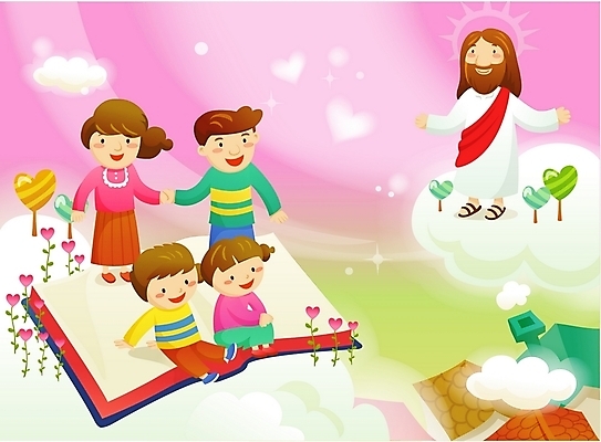 EPS 구름 여자 남자 기독교 종교 어린이 일러스트 가족 하늘 엄마 주택 사람 소녀 소년 여러명 성경 자녀 예수 아빠 성자 국내일러스트 자연요소 다수 종교용품 관계 건물 신_종교 파일형식 벡터