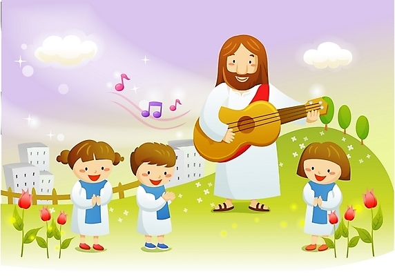 EPS 주간 구름 여자 남자 꽃 기독교 종교 어린이 악기 연주 음표 일러스트 노래 하늘 현악기 사람 소녀 소년 초원 여러명 야외 건물 기타 예수 성자 찬송가 성가대 국내일러스트 자연요소 식물 건축물 기호 음악 다수 신_종교 합창 파일형식 벡터