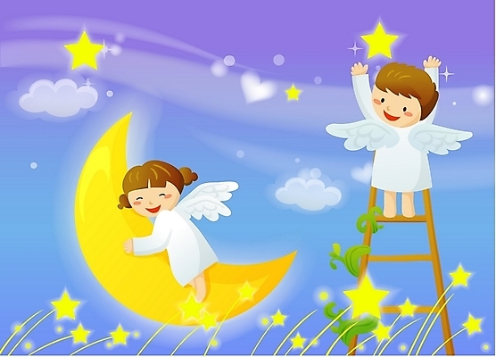 EPS 구름 여자 남자 별 기독교 종교 어린이 날개 일러스트 사다리 하늘 천사 사람 소녀 소년 두명 달 성자 야간 어린이만 국내일러스트 자연요소 도구 파일형식 벡터
