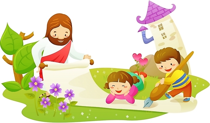 EPS 여자 남자 기독교 종교 종이 어린이 일러스트 주택 사람 소녀 소년 야외 세명 펜 예수 성자 두루마리 국내일러스트 건물 필기구 신_종교 파일형식 벡터