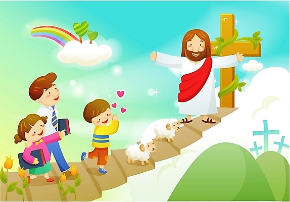 EPS 구름 여자 남자 기독교 종교 어린이 십자가 무지개 일러스트 하늘 사람 소녀 소년 여러명 계단 성경 튤립 양 예수 아빠 성자 천국 국내일러스트 자연요소 꽃 다수 종교용품 포유류 가족 신_종교 파일형식 벡터