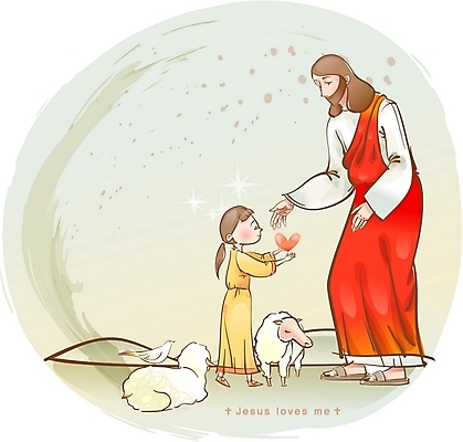 EPS 캐릭터 여자 남자 기독교 어린이 일러스트 조류 사랑 사람 소녀 야외 두명 하트 양 예수 성자 일러캐릭터 모양 동물 감정 종교 포유류 신_종교 파일형식 벡터