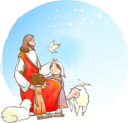 EPS 동물 캐릭터 여자 남자 기독교 어린이 일러스트 조류 사람 소녀 세명 양 예수 성자 보호자 일러캐릭터 종교 포유류 신_종교 파일형식 벡터