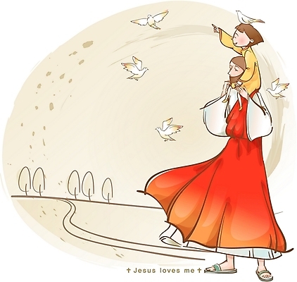 EPS 캐릭터 여자 남자 기독교 길 어린이 일러스트 조류 사람 소녀 초원 야외 두명 예수 목말 성자 비둘기 일러캐릭터 동물 종교 모션 신_종교 파일형식 벡터