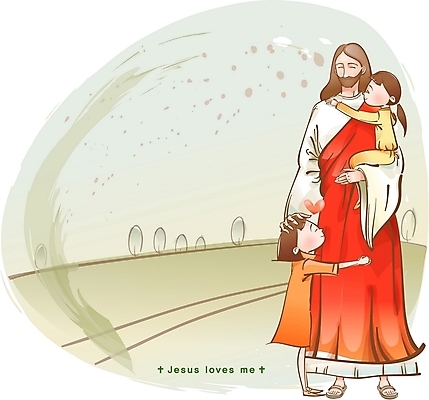 EPS 캐릭터 여자 남자 기독교 길 어린이 일러스트 포옹 사랑 사람 소녀 초원 야외 세명 하트 예수 성자 일러캐릭터 모양 감정 종교 안기 신_종교 파일형식 벡터