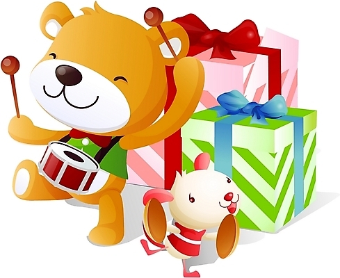 EPS 동물 척추동물 육지동물 악기 인형 일러스트 포장 곰 포유류 타악기 선물 사람없음 선물상자 파티 축하 북 작은북 캐스터네츠 국내일러스트 음악 컨셉 이벤트 상자 파일형식 벡터