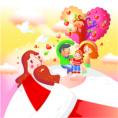 EPS 주간 나무 구름 여자 남자 기독교 일러스트 가족 사람 소년 여러명 야외 하트 예수 성자 비둘기 국내일러스트 자연요소 모양 식물 종교 어린이 다수 관계 조류 신_종교 파일형식 벡터