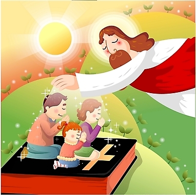 EPS 주간 여자 남자 기독교 일러스트 가족 사람 여러명 야외 새싹 성경 기도 예수 성자 축복 국내일러스트 자연요소 식물 종교 다수 컨셉 종교용품 관계 신_종교 파일형식 벡터