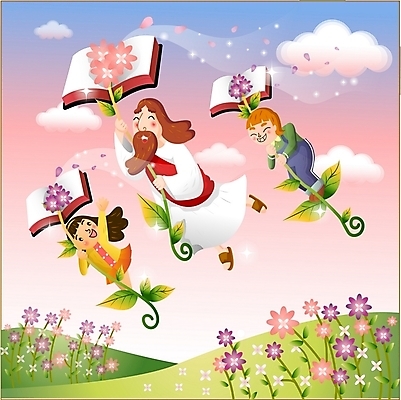 EPS 주간 구름 여자 남자 꽃 기독교 어린이 줄기 일러스트 사람 소녀 소년 야외 세명 성경 예수 성자 국내일러스트 자연요소 식물 종교 종교용품 신_종교 파일형식 벡터