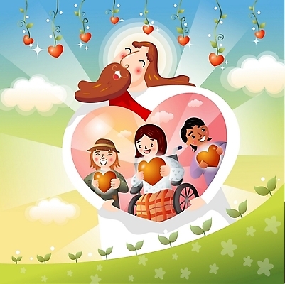 EPS 주간 구름 여자 남자 기독교 일러스트 사랑 사람 소년 여러명 야외 새싹 하트 마음 예수 성자 장애인 휠체어 국내일러스트 자연요소 모양 식물 감정 종교 어린이 다수 신_종교 장애 파일형식 벡터