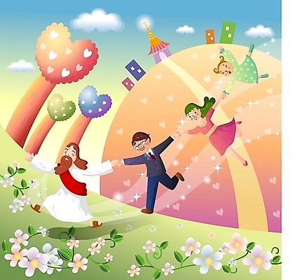 EPS 주간 나무 구름 여자 남자 꽃 기독교 어린이 일러스트 가족 사람 소녀 여러명 야외 건물 교회 예수 성자 국내일러스트 자연요소 식물 건축물 종교 다수 관계 종교건축 신_종교 파일형식 벡터