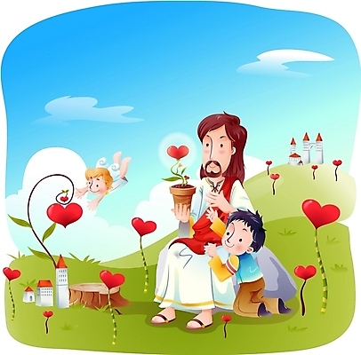 EPS 주간 남자 기독교 종교 화분 어린이 일러스트 하늘 천사 사랑 사람 소년 야외 건물 세명 하트 예수 하나님 신 성자 언덕 나무밑둥 남자만 소년만 국내일러스트 자연요소 모양 나무 건축물 감정 신_종교 어린이만 파일형식 벡터