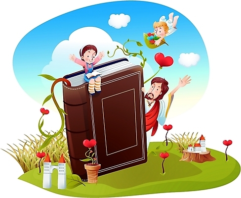 EPS 주간 구름 여자 남자 기독교 종교 화분 어린이 일러스트 하늘 천사 사랑 사람 소녀 잔디 초원 야외 건물 세명 성경 하트 예수 하나님 신 성자 국내일러스트 자연요소 모양 식물 건축물 감정 종교용품 신_종교 파일형식 벡터