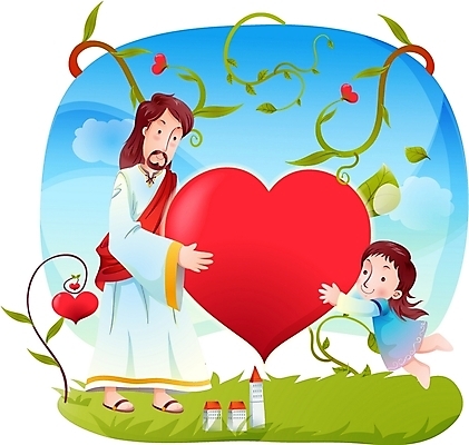 EPS 주간 구름 여자 남자 기독교 종교 어린이 일러스트 하늘 나뭇잎 사랑 사람 소녀 초원 야외 두명 하트 예수 하나님 신 성자 국내일러스트 자연요소 모양 감정 잎 신_종교 파일형식 벡터