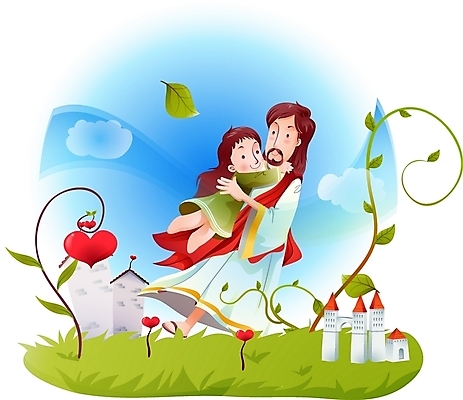 EPS 주간 구름 여자 남자 기독교 종교 어린이 일러스트 포옹 하늘 나뭇잎 사랑 사람 소녀 초원 야외 두명 건물 하트 예수 하나님 신 성자 국내일러스트 자연요소 모양 건축물 감정 잎 안기 신_종교 파일형식 벡터