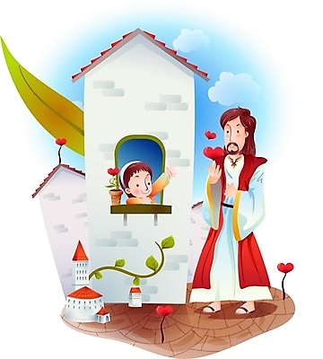 EPS 주간 구름 여자 남자 기독교 종교 어린이 일러스트 창문 하늘 나뭇잎 사랑 사람 소녀 야외 두명 건물 하트 예수 하나님 신 성자 국내일러스트 자연요소 모양 건축물 감정 잎 신_종교 파일형식 벡터