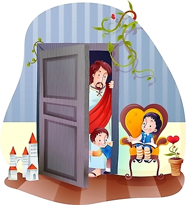 EPS 여자 남자 기독교 종교 화분 어린이 의자 일러스트 집안 나뭇잎 주택 실내 사랑 사람 소녀 소년 건물 세명 하트 예수 하나님 신 성자 국내일러스트 모양 건축물 감정 가구 잎 내부 신_종교 파일형식 벡터