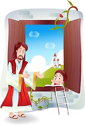 EPS 주간 구름 남자 기독교 종교 어린이 일러스트 사다리 창문 하늘 나뭇잎 사람 소년 두명 건물 성경 예수 하나님 신 성자 남자만 소년만 국내일러스트 자연요소 건축물 잎 종교용품 도구 신_종교 어린이만 파일형식 벡터