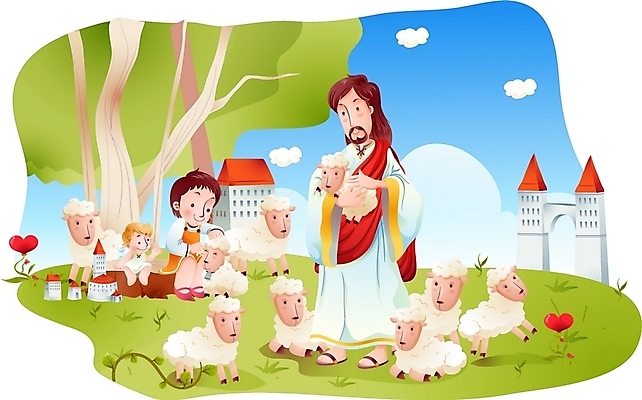 EPS 주간 나무 구름 여자 남자 기독교 종교 어린이 일러스트 하늘 천사 사람 소녀 초원 야외 건물 세명 하트 양 예수 하나님 신 성자 양떼 국내일러스트 자연요소 모양 식물 건축물 포유류 신_종교 파일형식 벡터