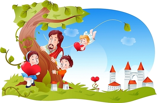 EPS 주간 나무 구름 여자 남자 기독교 종교 어린이 일러스트 하늘 나뭇잎 천사 사랑 사람 소녀 소년 초원 야외 건물 세명 하트 예수 하나님 신 성자 국내일러스트 자연요소 모양 식물 건축물 감정 잎 신_종교 파일형식 벡터