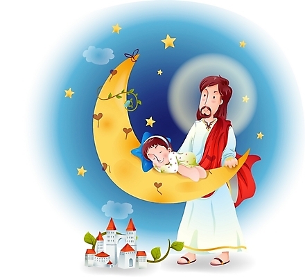 EPS 구름 여자 남자 별 기독교 종교 어린이 일러스트 하늘 나뭇잎 사람 소녀 두명 건물 달 잠 예수 하나님 수면 신 성자 보호 초승달 국내일러스트 자연요소 건축물 컨셉 잎 물 신_종교 파일형식 벡터