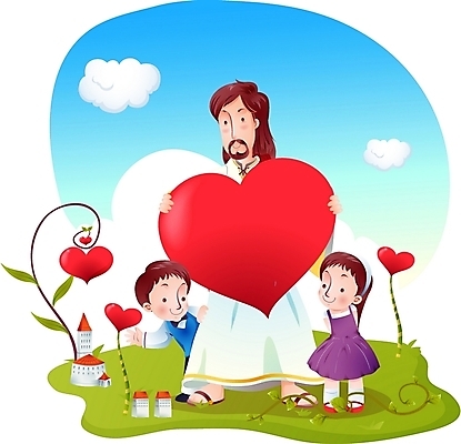 EPS 주간 구름 여자 남자 기독교 종교 어린이 일러스트 하늘 사랑 사람 소녀 소년 초원 야외 건물 세명 하트 예수 하나님 신 성자 국내일러스트 자연요소 모양 건축물 감정 신_종교 파일형식 벡터