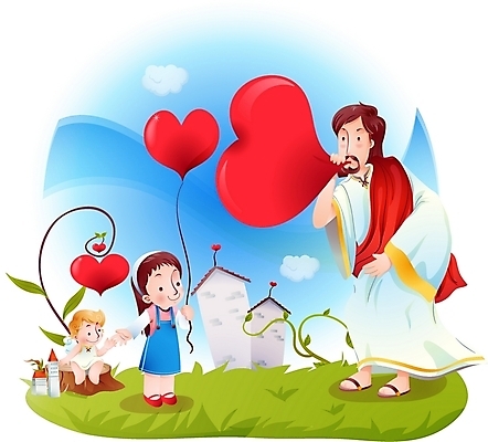EPS 주간 구름 여자 남자 기독교 종교 어린이 일러스트 하늘 천사 사랑 사람 소녀 초원 야외 건물 세명 하트 예수 하나님 신 성자 풍선 국내일러스트 자연요소 모양 건축물 감정 신_종교 파일형식 벡터