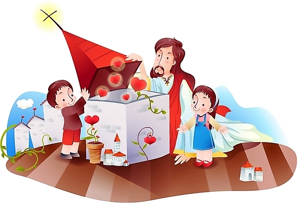 EPS 여자 남자 기독교 종교 화분 어린이 일러스트 주택 사랑 사람 소녀 소년 건물 세명 교회 하트 예수 하나님 신 성자 국내일러스트 모양 건축물 감정 종교건축 신_종교 파일형식 벡터