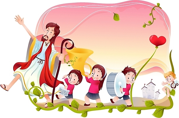 EPS 여자 남자 기독교 종교 어린이 악기 연주 일러스트 지팡이 나뭇잎 천사 타악기 관악기 사랑 사람 소녀 소년 여러명 건물 하트 악단 예수 하나님 신 성자 나팔 금관악기 북 호른 국내일러스트 모양 건축물 감정 음악 다수 잎 신_종교 파일형식 벡터