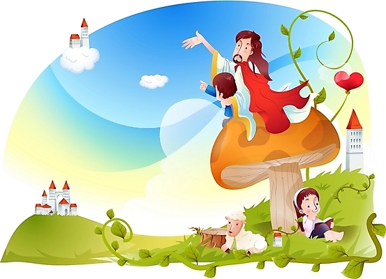 EPS 주간 구름 여자 남자 기독교 종교 어린이 일러스트 하늘 사랑 사람 소녀 소년 초원 야외 건물 책 세명 버섯 하트 양 예수 하나님 신 성자 천국 국내일러스트 자연요소 모양 건축물 감정 포유류 신_종교 파일형식 벡터