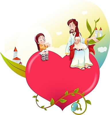 EPS 구름 여자 남자 기독교 종교 어린이 일러스트 하늘 사랑 사람 소녀 두명 건물 하트 양 예수 하나님 신 성자 천국 국내일러스트 자연요소 모양 건축물 감정 포유류 신_종교 파일형식 벡터