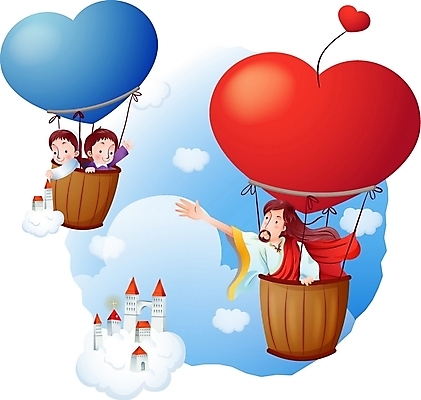 EPS 주간 구름 여자 남자 기독교 종교 어린이 일러스트 하늘 사람 소녀 소년 야외 건물 세명 교회 열기구 하트 예수 하나님 신 성자 천국 국내일러스트 자연요소 모양 건축물 항공교통 종교건축 신_종교 파일형식 벡터