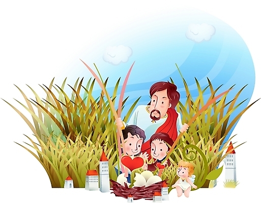 EPS 주간 구름 여자 남자 기독교 종교 어린이 일러스트 하늘 천사 갈대 사랑 사람 소녀 소년 야외 건물 세명 계란 알 하트 예수 하나님 신 성자 둥지 숲 국내일러스트 자연요소 모양 식물 건축물 감정 신_종교 파일형식 벡터