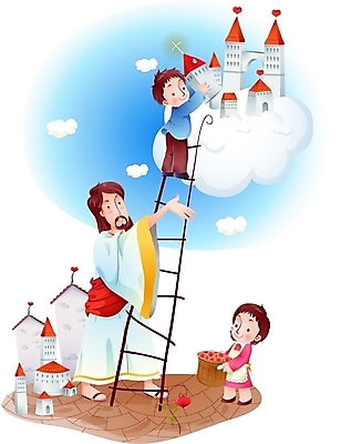 EPS 주간 구름 여자 남자 기독교 종교 어린이 일러스트 사다리 하늘 사랑 사람 소녀 소년 야외 건물 세명 교회 하트 예수 하나님 신 성자 천국 국내일러스트 자연요소 모양 건축물 감정 종교건축 도구 신_종교 파일형식 벡터