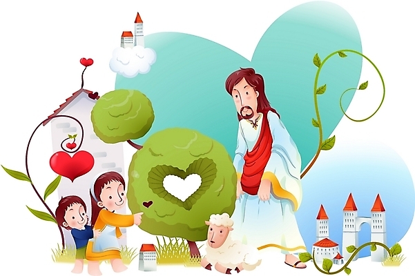 EPS 주간 나무 여자 남자 기독교 종교 어린이 일러스트 나뭇잎 사랑 사람 소녀 소년 야외 건물 세명 하트 양 예수 하나님 신 성자 국내일러스트 자연요소 모양 식물 건축물 감정 잎 포유류 신_종교 파일형식 벡터