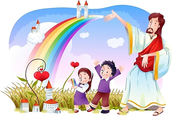 EPS 주간 구름 여자 남자 기독교 종교 어린이 무지개 일러스트 하늘 갈대 사랑 사람 소녀 소년 야외 건물 세명 하트 예수 하나님 신 성자 천국 국내일러스트 자연요소 모양 식물 건축물 감정 신_종교 파일형식 벡터