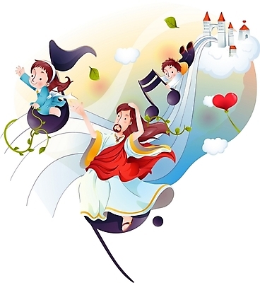 EPS 구름 여자 남자 기독교 종교 어린이 음표 일러스트 하늘 사랑 사람 소녀 소년 건물 세명 하트 예수 하나님 신 성자 찬송가 천국 국내일러스트 자연요소 모양 건축물 기호 감정 음악 노래 신_종교 파일형식 벡터