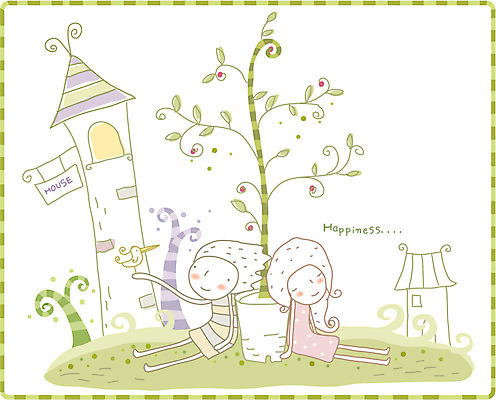 EPS 나무 커플 여자 남자 행복 화분 어린이 일러스트 상상 조류 주택 사랑 사람 소녀 소년 야외 두명 판타지 꿈 어린이만 국내일러스트 식물 동물 감정 관계 건물 파일형식 벡터