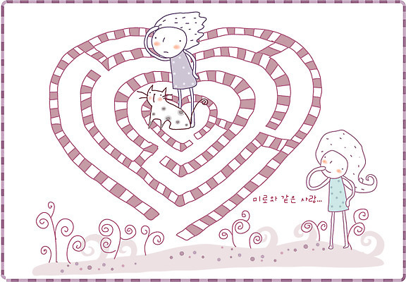 EPS 커플 여자 남자 일러스트 상상 사랑 사람 소년 두명 판타지 고양이 꿈 하트 미로 국내일러스트 모양 감정 어린이 포유류 관계 반려동물 파일형식 벡터