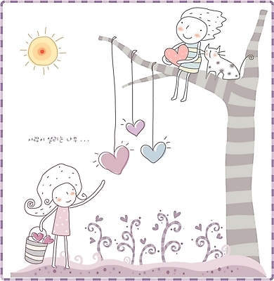 EPS 주간 나무 커플 여자 남자 어린이 일러스트 상상 사랑 사람 소녀 소년 야외 두명 판타지 태양 고양이 꿈 하트 사랑나무 어린이만 국내일러스트 자연요소 모양 식물 감정 포유류 관계 반려동물 파일형식 벡터